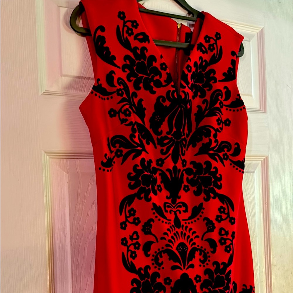 Vibrant Red Dress with Black Floral Design